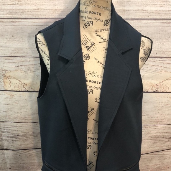 Topshop Long Vest Open Zippered Pockets Raw Edge Size 6 Navy Notch Lapel - Picture 3 of 11